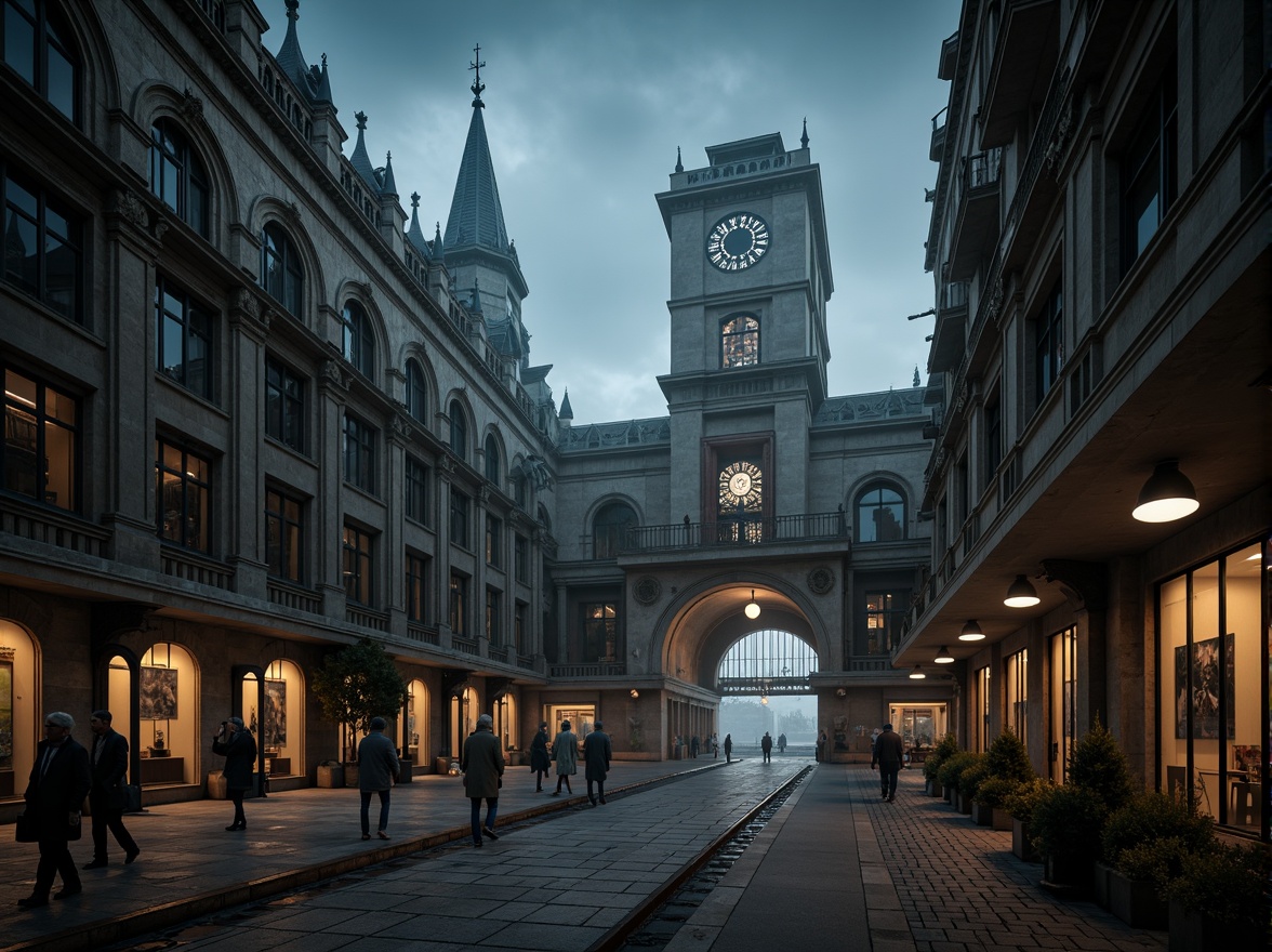 Prompt: Gothic-inspired transportation hub, grandiose entrance arches, ribbed vaults, flying buttresses, intricate stone carvings, stained glass windows, ornate ironwork, pointed towers, majestic clock towers, dramatic lighting effects, misty atmospheric conditions, shallow depth of field, 1/2 composition, symmetrical framing, high contrast ratio, mysterious ambient occlusion.