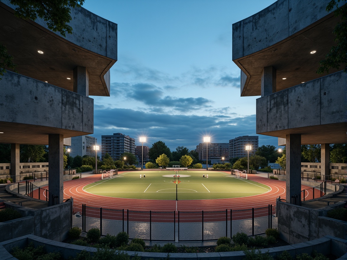 Prompt: Rugged sports fields, brutalist architecture, raw concrete structures, bold geometric forms, angular lines, monumental scale, urban landscape, industrial ambiance, functional design, athletic tracks, soccer fields, basketball courts, tennis courts, running lanes, goalposts, netting, floodlights, evening atmosphere, dramatic shadows, high-contrast lighting, 1/1 composition, symmetrical framing, gritty textures, ambient occlusion.