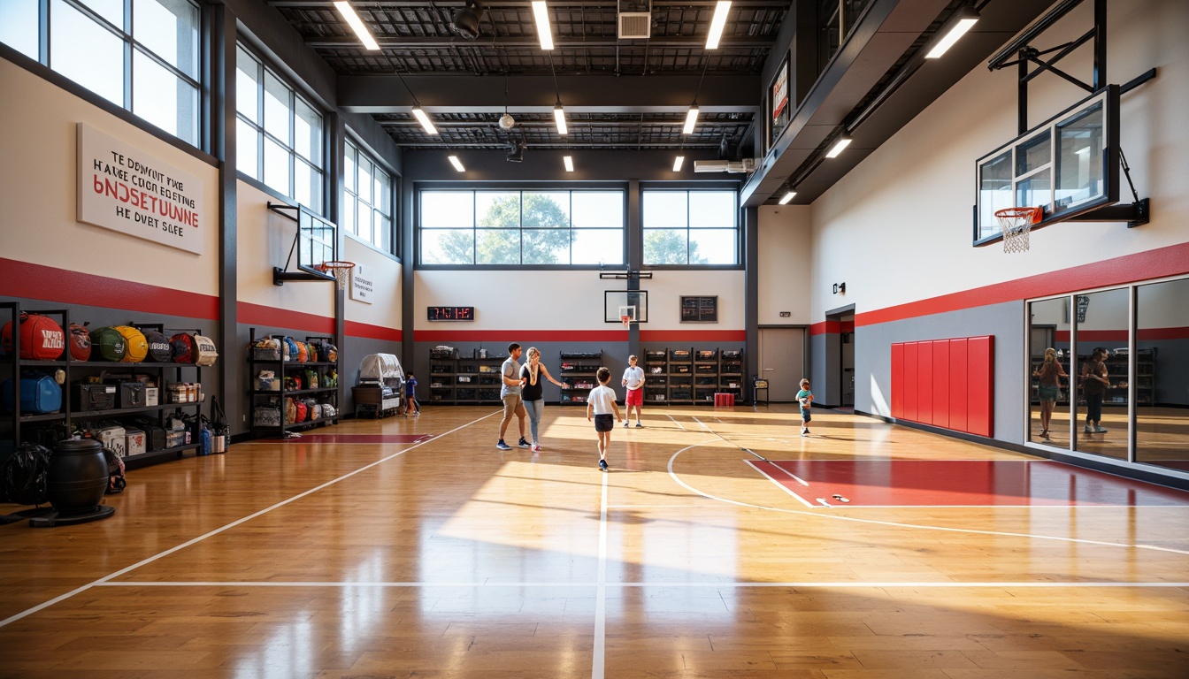 Prompt: Modern gymnasium interior, polished wood flooring, bright color accents, high ceilings, natural light pouring in, large windows, athletic equipment storage, basketball courts, volleyball nets, exercise machines, free weights, mirrored walls, sound-absorbing panels, motivational quotes, inspirational posters, clean lines, minimalist design, functional layout, efficient circulation paths, spectator seating areas, scoreboard displays, LED lighting, dynamic color schemes, energetic atmosphere, shallow depth of field, 2/3 composition, realistic textures, ambient occlusion.