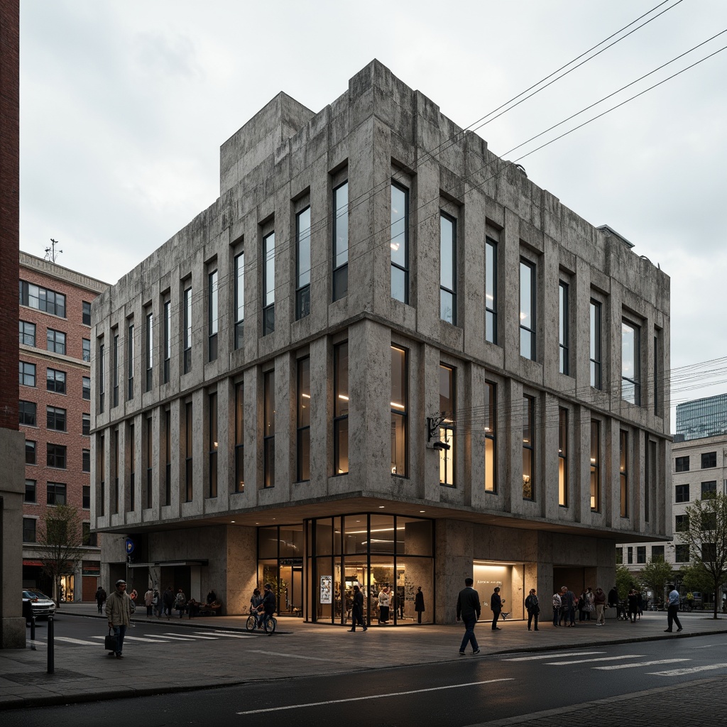 Prompt: Rustic brutalist building, fiber-cement fa\u00e7ade, industrial aesthetic, rough textured surfaces, monolithic structures, earthy tones, urban landscape, overcast sky, dramatic shadows, high-contrast lighting, 1/1 composition, symmetrical framing, realistic materiality, ambient occlusion.