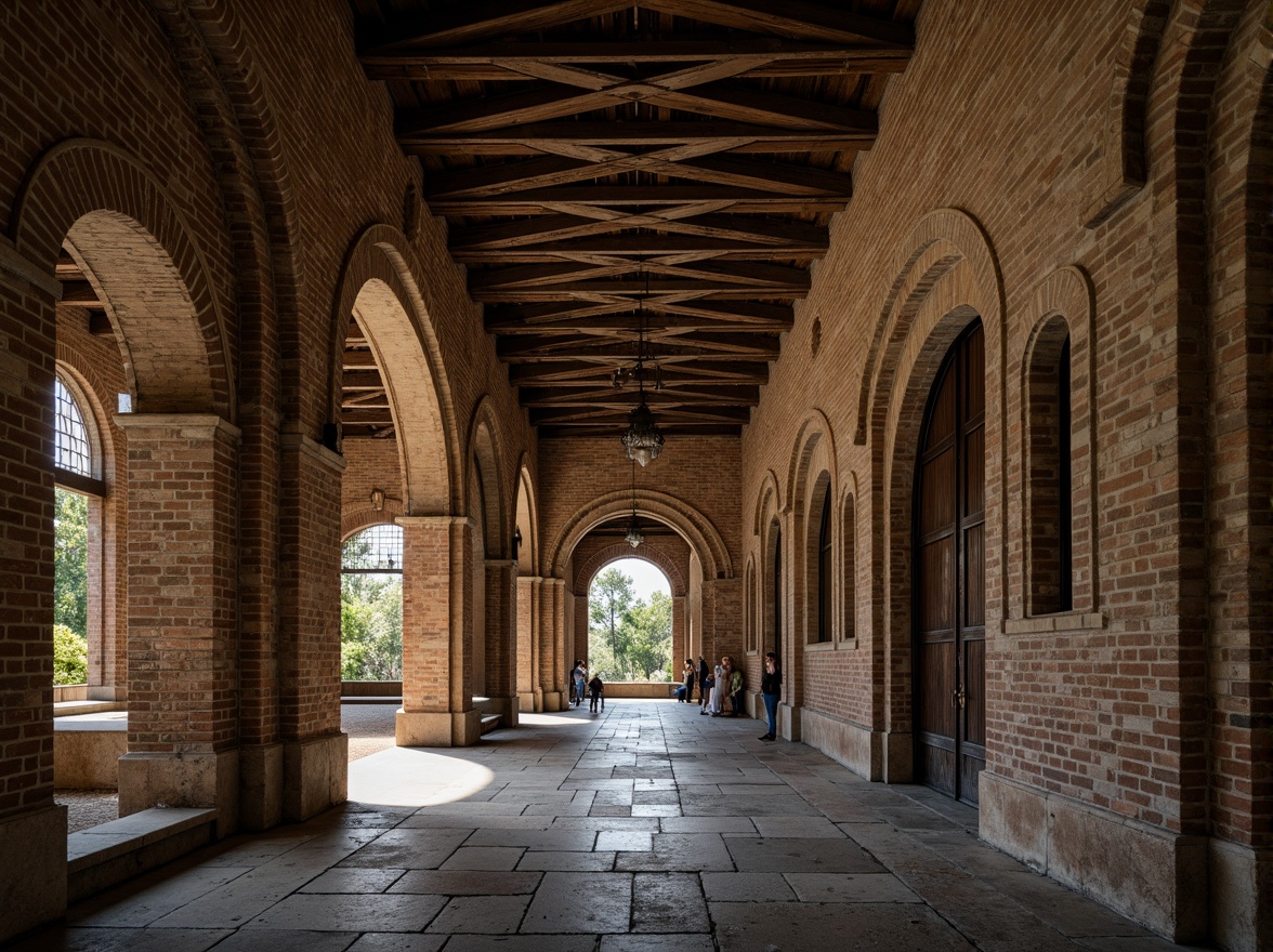 Prompt: Ancient stone arches, rustic Romanesque fa\u00e7ade, weathered brick textures, ornate carvings, grand entranceways, vaulted ceilings, stained glass windows, intricate column capitals, worn stone floors, mysterious crypts, atmospheric lighting, dramatic shadows, 3/4 composition, symmetrical framing, warm earthy tones, richly detailed ornaments, historic ambiance, serene natural surroundings.