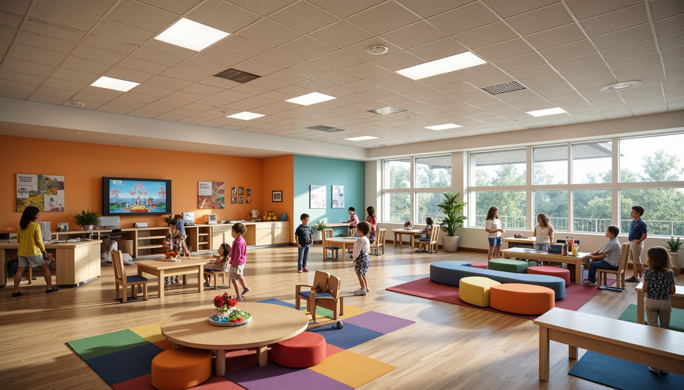 Prompt: Colorful elementary school interior, open classrooms, collaborative workspaces, ergonomic desks, comfortable seating, interactive whiteboards, educational displays, vibrant wall art, natural wood flooring, acoustic ceiling tiles, modern lighting fixtures, flexible shelving units, cozy reading nooks, play-based learning areas, sensory integration zones, calming color schemes, soft warm lighting, shallow depth of field, 1/1 composition, realistic textures, ambient occlusion.