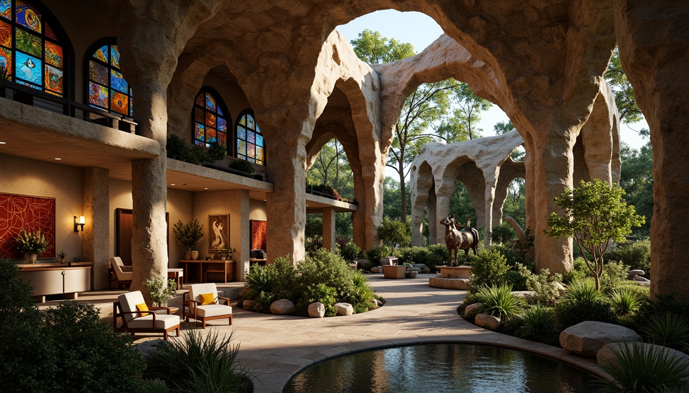 Prompt: Rustic postmodern church, rugged stone fa\u00e7ade, stained glass windows, asymmetrical architecture, organic forms, natural materials, earthy tones, lush greenery, meandering pathways, serene water features, spiritual sculptures, eclectic furniture, vibrant tapestries, dramatic lighting effects, warm atmospheric glow, 1/1 composition, low-angle shot, realistic textures, ambient occlusion.