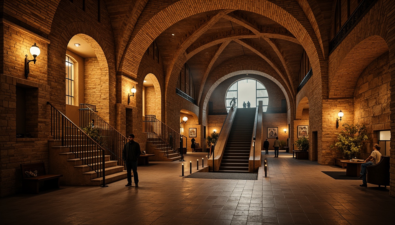 Prompt: Rustic underground metro station, Romanesque style architecture, sturdy stone walls, ornate brick arches, grand vaulted ceilings, intricate masonry patterns, warm earthy tones, rough-hewn stonework, medieval-inspired design, grandiose staircases, ornamental ironwork, vintage lighting fixtures, atmospheric ambiance, dramatic shadows, low-angle photography, 1/2 composition, soft warm lighting, ambient occlusion.