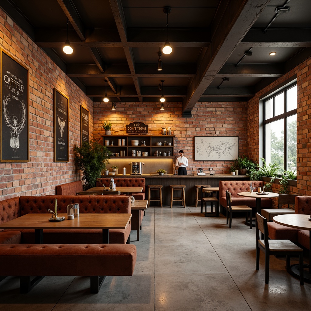 Prompt: Warm and inviting coffee shop atmosphere, exposed brick walls, reclaimed wood accents, polished concrete floors, industrial metal beams, cozy nooks, plush velvet sofas, rustic wooden tables, vintage decorative items, aromatic coffee scents, steamy milk textures, soft warm lighting, shallow depth of field, 3/4 composition, realistic wood grain, ambient occlusion.