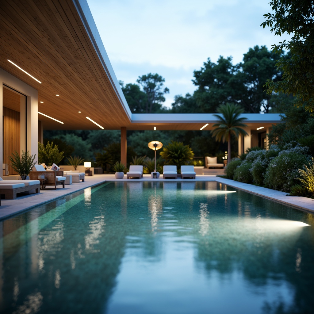 Prompt: Modern swimming pool, sleek lines, minimalist design, calm atmosphere, warm glow lighting, LED strips, underwater illumination, soft blue hues, gentle ripples, water reflections, natural stone surroundings, lush greenery, tropical plants, sunny day, soft focus, shallow depth of field, 1/1 composition, realistic textures, ambient occlusion.