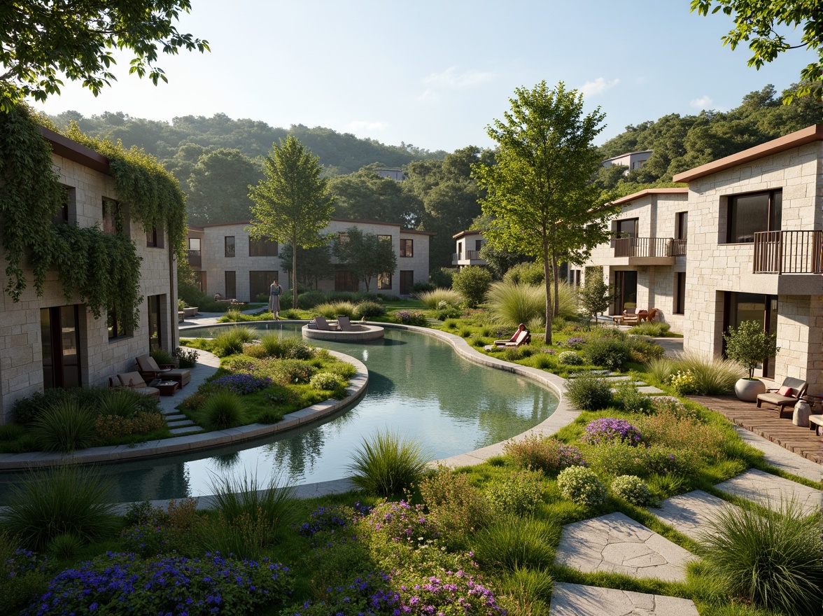 Prompt: Harmonious landscape integration, lush green roofs, verdant walls, natural stone facades, curved lines, organic forms, seamless transitions, outdoor living spaces, wooden decks, water features, serene ponds, walking trails, native plant species, vibrant wildflowers, soft morning light, warm afternoon sun, gentle misting systems, 1/1 composition, symmetric balance, realistic textures, ambient occlusion.