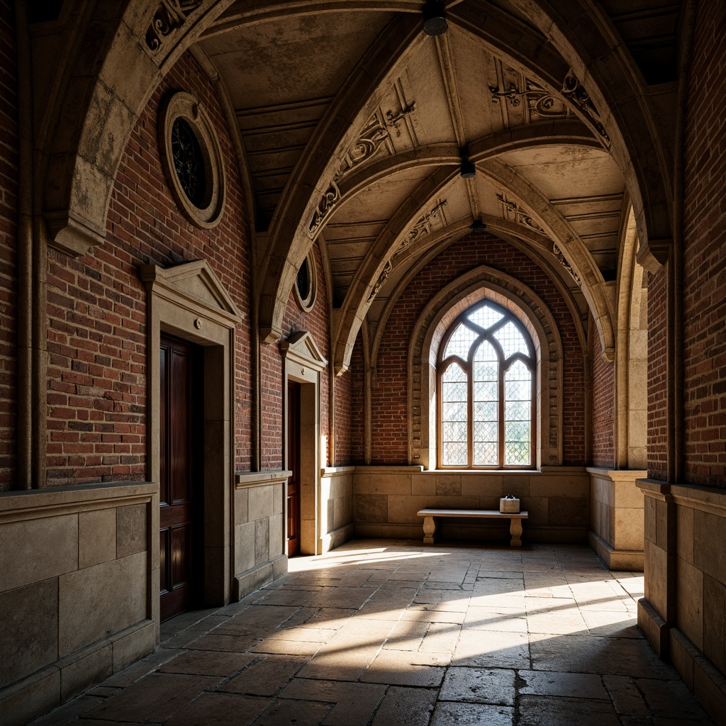 Prompt: Ancient stone arches, rustic Romanesque style, weathered brick facades, ornate carvings, grand entranceways, vaulted ceilings, stained glass windows, intricate column capitals, worn stone floors, mysterious ambiance, soft warm lighting, dramatic shadows, high contrast ratio, 1/2 composition, symmetrical framing, realistic textures, ambient occlusion.