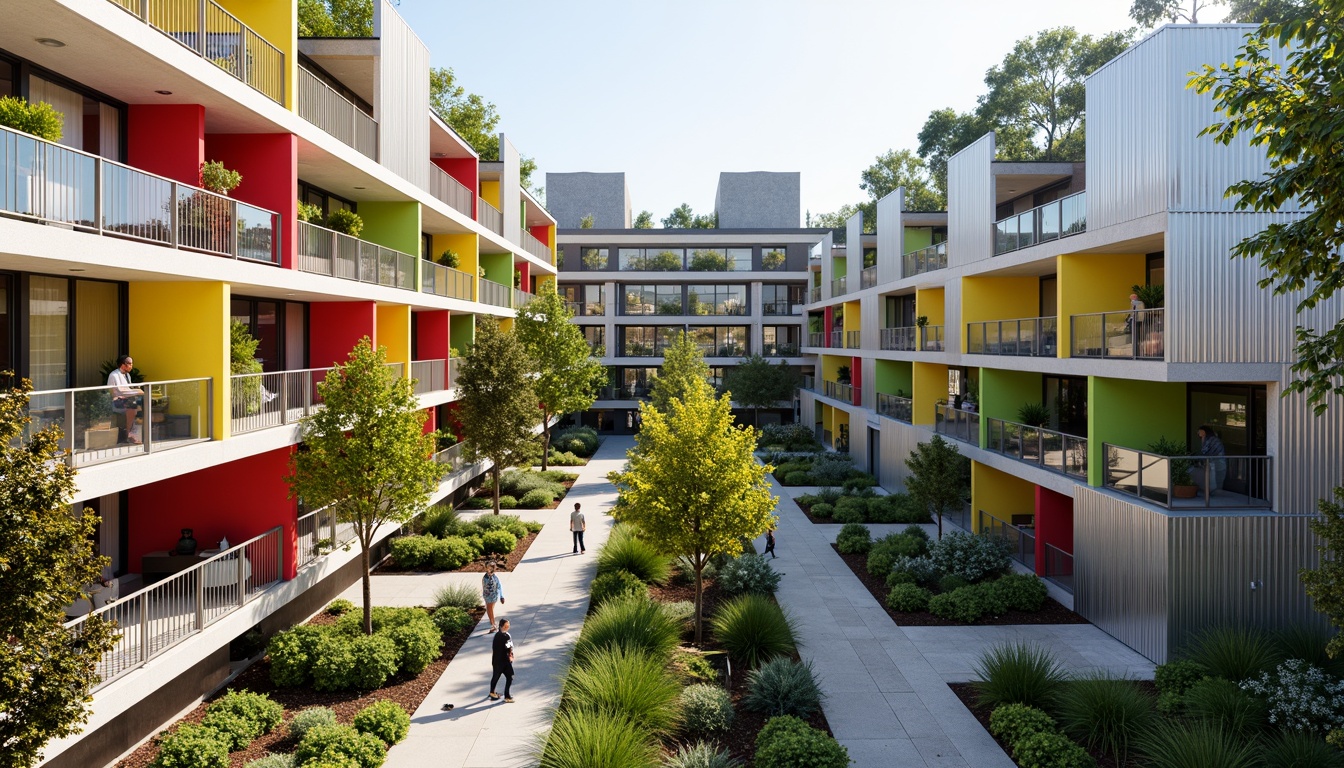 Prompt: Vibrant social housing complex, modern fa\u00e7ade design, bold color schemes, angular balconies, cantilevered roofs, corrugated metal cladding, transparent glass railings, lush green walls, community gardens, public art installations, pedestrian walkways, urban revitalization, mixed-income residents, sustainable living, energy-efficient systems, solar panels, green roofs, rainwater harvesting, innovative ventilation systems, natural light optimization, 3/4 composition, shallow depth of field, realistic textures, ambient occlusion.