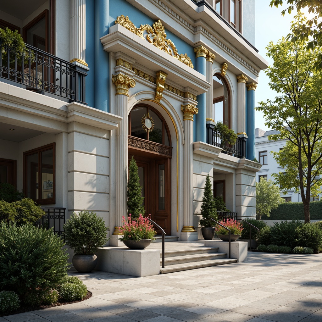 Prompt: Majestic building facade, Prussian blue accents, gold ornate details, grand entranceways, symmetrical composition, neoclassical architecture, white marble columns, intricate stonework, lush greenery, vibrant flower arrangements, natural light pouring in, soft warm glow, 1/1 composition, shallow depth of field, realistic textures, ambient occlusion.