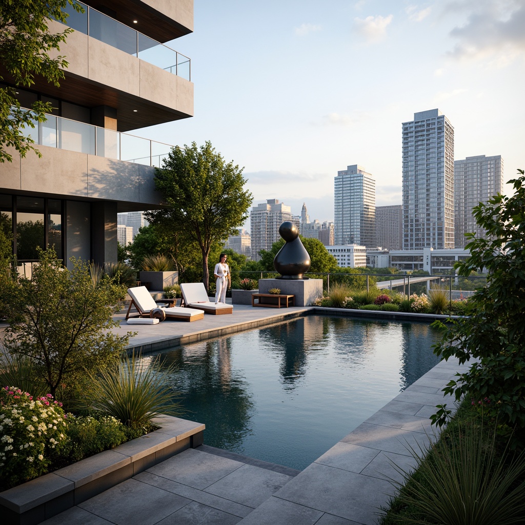 Prompt: Luxurious penthouse, rooftop garden, lush greenery, vibrant flowers, modern sculpture, infinity pool, panoramic city view, sleek glass railings, minimalist decor, natural stone flooring, floor-to-ceiling windows, sliding glass doors, warm ambient lighting, shallow depth of field, 3/4 composition, realistic textures, ambient occlusion.