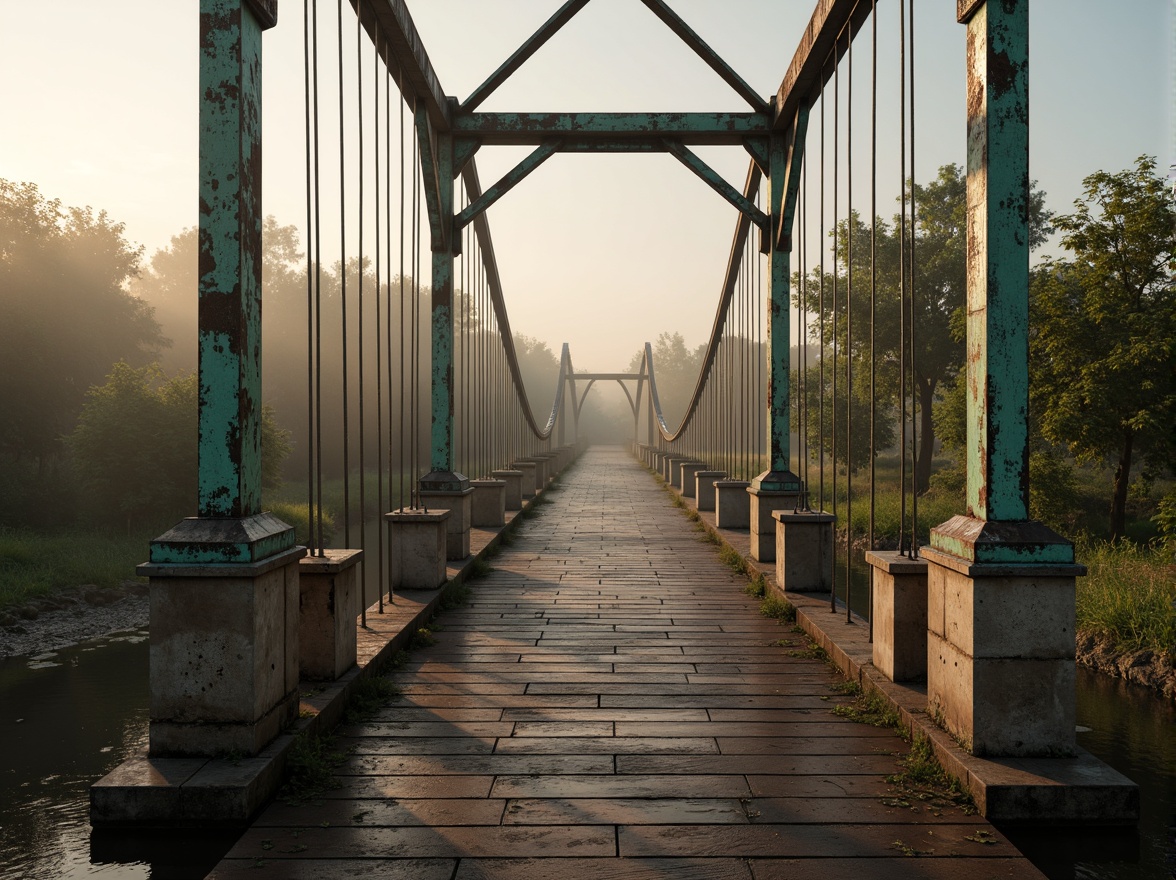 Prompt: Rustic bridge structure, wooden planks, steel beams, suspension cables, industrial textures, misty atmosphere, serene water reflections, lush greenery surroundings, warm golden lighting, soft morning fog, natural stone abutments, weathered wood tones, earthy brown hues, muted turquoise accents, subtle silver metallic sheen, 3/4 composition, shallow depth of field, panoramic view, realistic renderings, ambient occlusion.