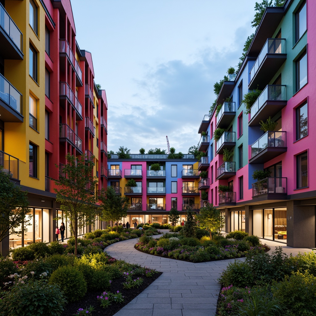 Prompt: Vibrant social housing complex, modern fa\u00e7ade design, bold color blocking, geometric patterns, angular balconies, cantilevered roofs, sustainable materials, green walls, solar panels, wind turbines, community gardens, public art installations, dynamic LED lighting, shallow depth of field, 1/2 composition, wide-angle lens, cinematic atmosphere, realistic textures, ambient occlusion.