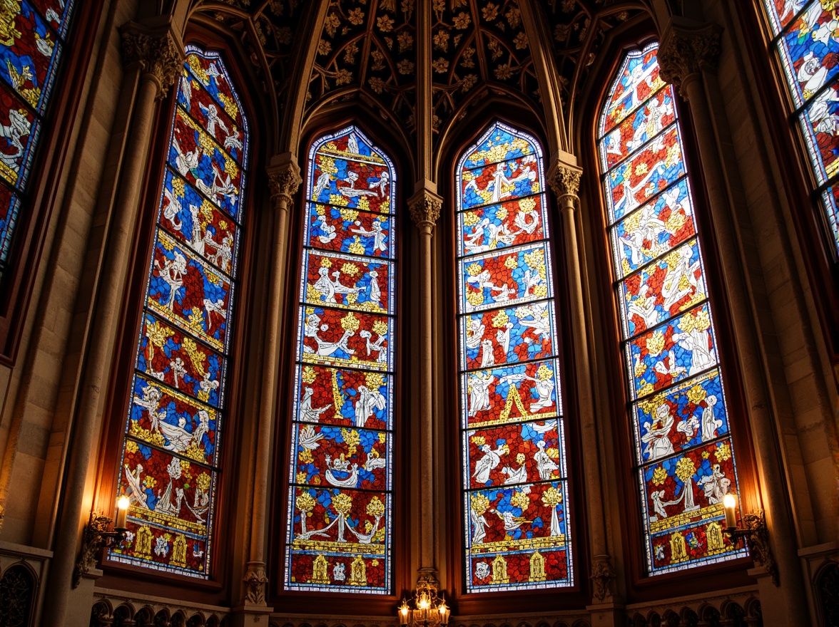 Prompt: Vibrant stained glass windows, kaleidoscope colors, intricate patterns, ornate details, Gothic Revival architecture, grand cathedral ceilings, dramatic lighting effects, warm golden tones, rich jewel-toned hues, abstract geometric shapes, floral motifs, Art Nouveau influences, luxurious materials, opulent decorations, grandiose interior spaces, soft diffused light, 1/2 composition, realistic textures, ambient occlusion.