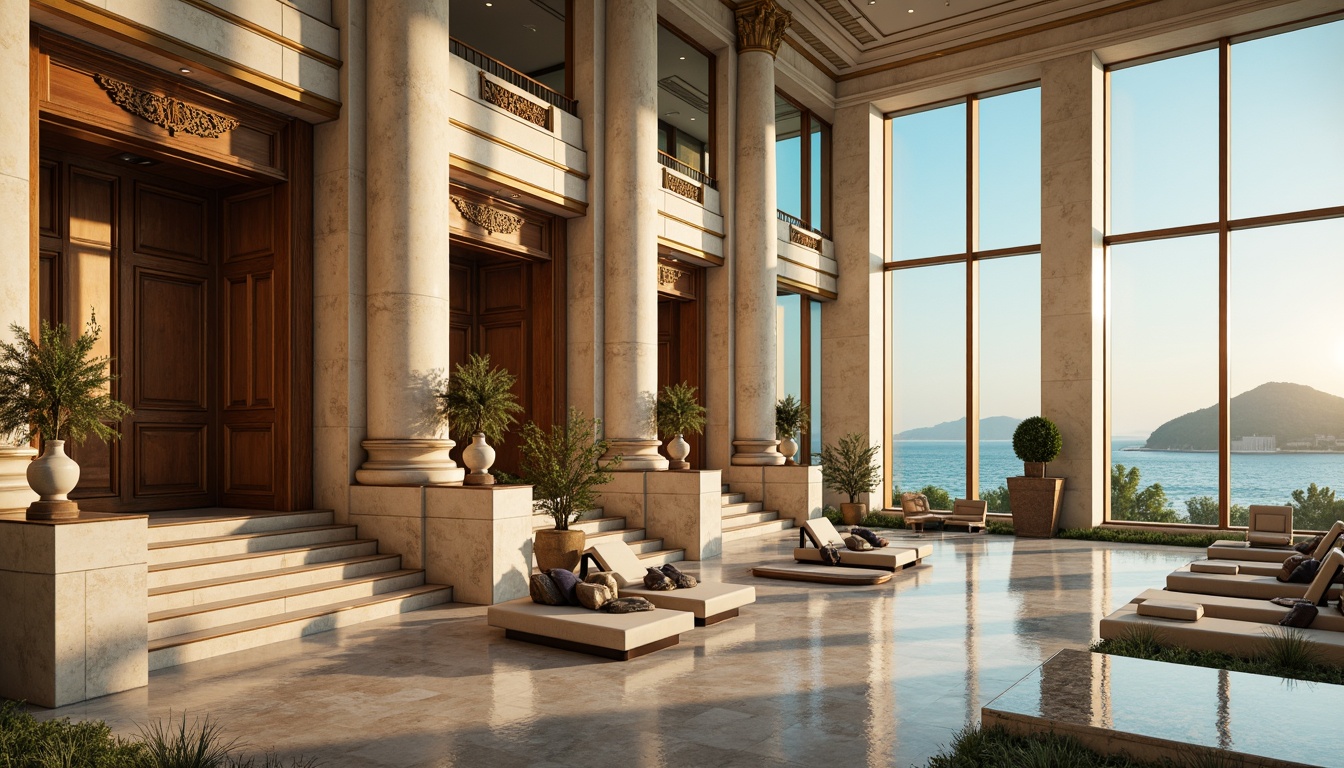 Prompt: Timeless coastal skyscraper, classicism style, elegant proportions, ornate details, cream-colored limestone fa\u00e7ade, bronze accents, grand entranceways, sweeping staircases, luxurious marble flooring, rich wood paneling, majestic columns, ornamental railings, ocean-inspired sculptures, subtle nautical motifs, soft blue-green glass, panoramic sea views, dramatic sunsets, warm golden lighting, shallow depth of field, 2/3 composition, symmetrical balance, realistic textures, ambient occlusion.