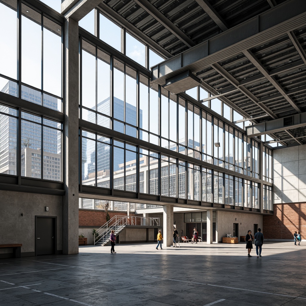 Prompt: Modern gymnasium building, large glass fa\u00e7ade, steel frames, cantilevered rooflines, open floor plans, minimal ornamentation, functional simplicity, rectangular forms, flat roofs, industrial materials, concrete walls, metal beams, athletic equipment, basketball courts, running tracks, spectator seating, natural light, diffuse shadows, high ceilings, 1/2 composition, wide-angle lens, realistic rendering, ambient occlusion.