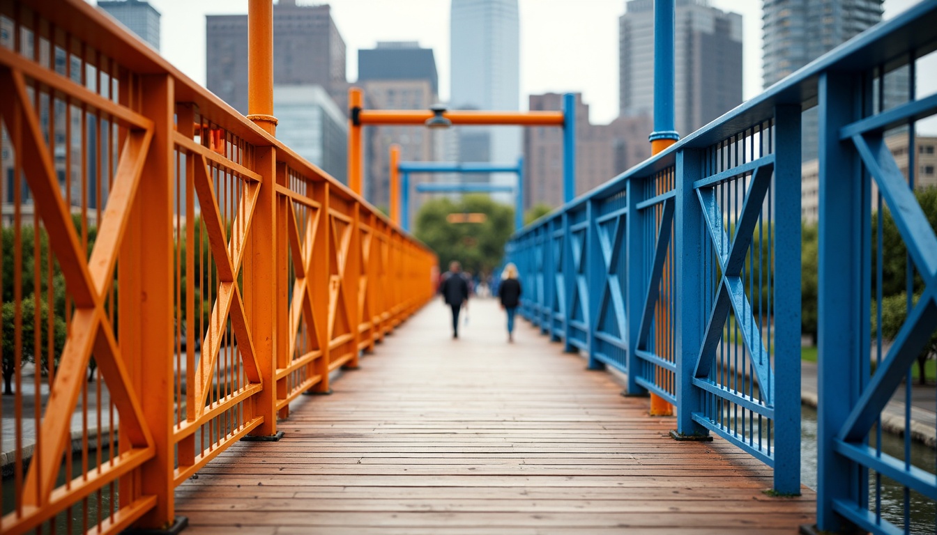 Prompt: Vibrant pedestrian bridge, bright orange handrails, contrasting blue structural beams, warm wooden decking, soft diffused lighting, urban cityscape background, modern architectural design, geometric shapes, dynamic diagonal lines, bold color blocking, high-contrast accents, lively atmosphere, bustling street activity, shallow depth of field, 1/2 composition, realistic textures, ambient occlusion.