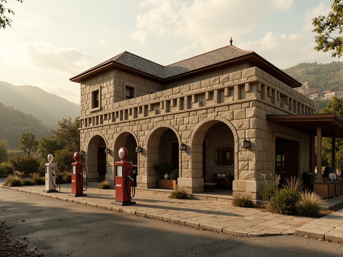 Prompt: Rustic gas station, stone cladding facade, rough-hewn granite blocks, earthy tones, medieval-inspired architecture, Romanesque arches, ornate carvings, decorative stonework, weathered copper roofing, vintage gas pumps, nostalgic signage, rural landscape, rolling hills, scattered trees, misty morning atmosphere, soft golden lighting, shallow depth of field, 1/1 composition, realistic textures, ambient occlusion.