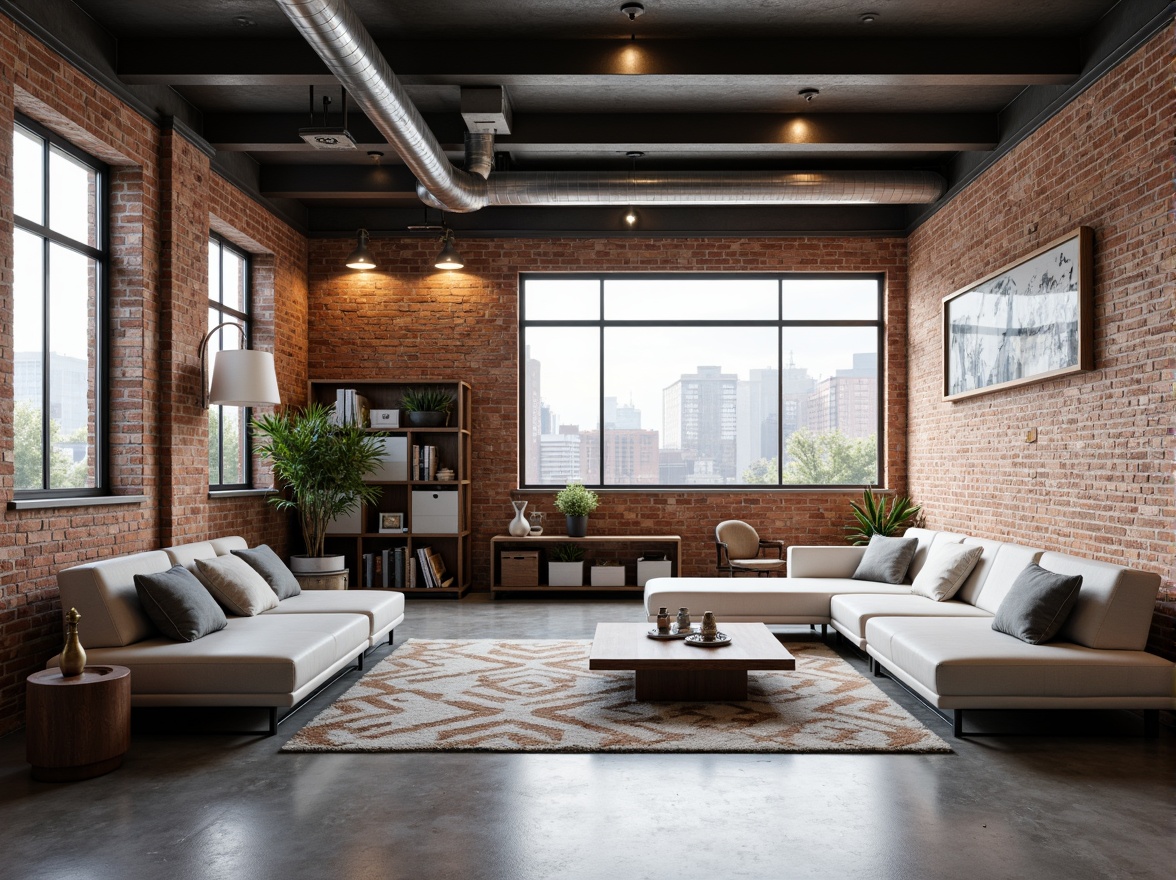 Prompt: Minimalist industrial loft, exposed brick walls, polished concrete floors, high ceilings, large windows, natural light, urban city views, modern minimalist furniture, low-profile sofas, sleek coffee tables, geometric-patterned rugs, industrial-chic lighting fixtures, metallic accents, reclaimed wood decor, airy open spaces, functional modular storage, soft warm ambient lighting, 1/1 composition, shallow depth of field, realistic textures.