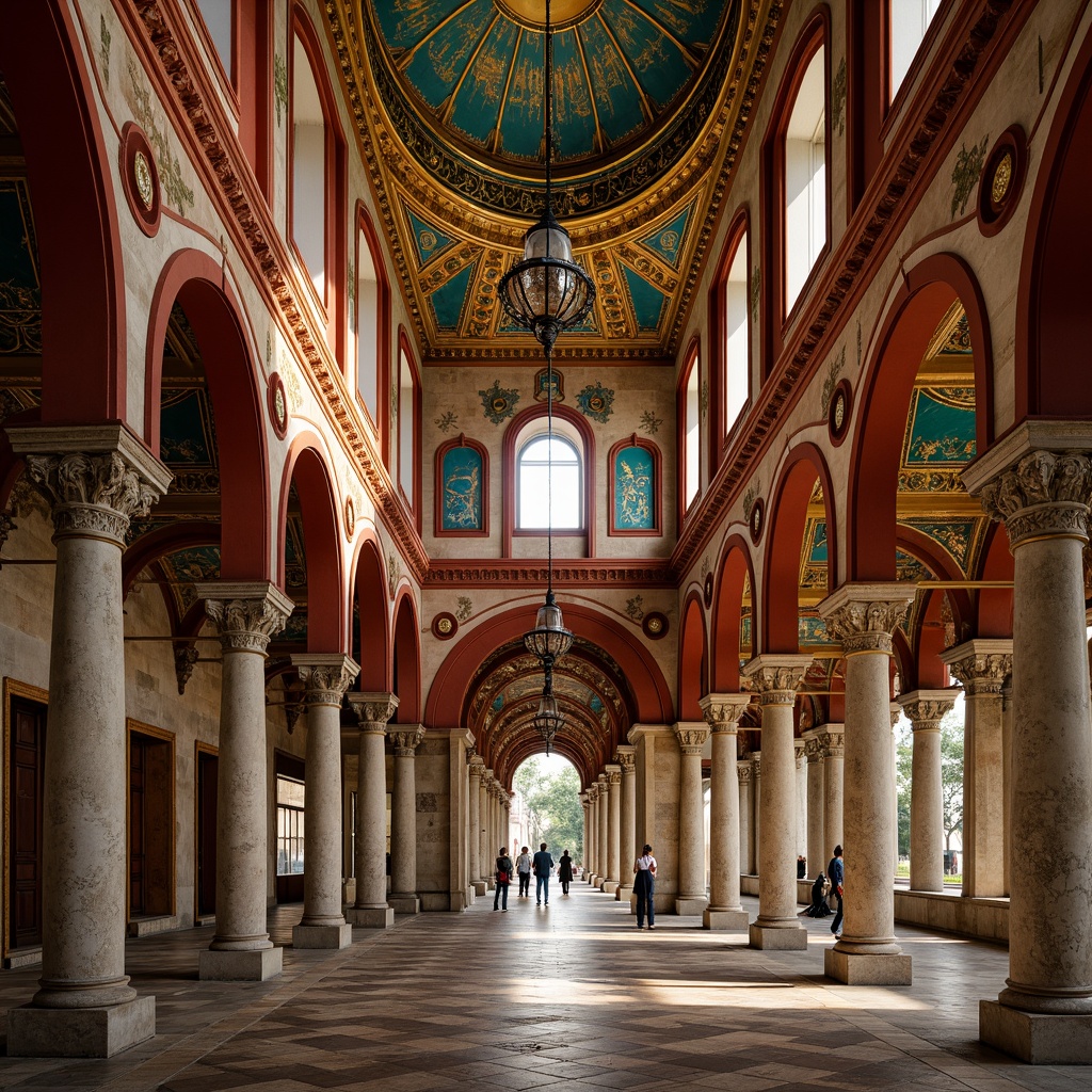 Prompt: Intricate Byzantine architectural details, rich jewel tones, golden domes, ornate mosaics, warm terracotta walls, rustic stone textures, lavish frescoes, vibrant turquoise accents, majestic archways, grandiose columns, ornamental lanterns, soft warm lighting, dramatic shadows, 1/2 composition, realistic atmospheric effects, detailed stone carvings.