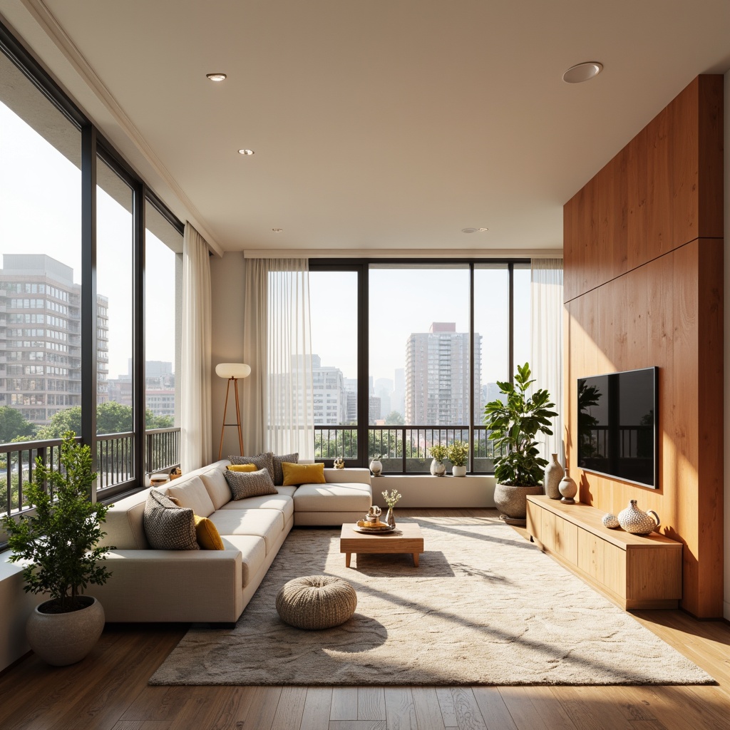 Prompt: Cozy apartment interior, soft warm lighting, calming color scheme, creamy whites, soothing grays, earthy browns, rich wood tones, plush furniture, vibrant accent walls, natural textiles, geometric patterns, modern minimalist decor, airy open spaces, large windows, urban city views, sunny afternoon, 1/1 composition, realistic rendering.