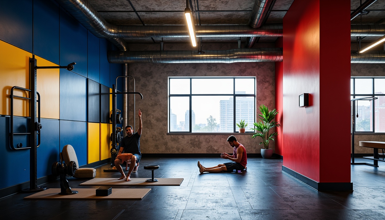 Prompt: Industrial-style gym equipment, bold geometric shapes, primary color scheme, bright red accents, deep blue tones, yellow highlights, distressed concrete walls, exposed metal beams, minimalist lighting fixtures, functional design elements, urban cityscape views, early morning natural light, high-contrast shadows, dramatic architectural angles, dynamic 3/4 composition, realistic metallic textures, subtle ambient occlusion.