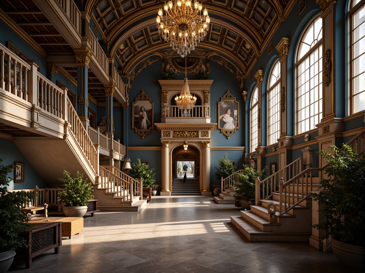 Prompt: Rich cultural heritage, majestic historical landmarks, ornate facades, Prussian blue accents, golden ornaments, intricate stone carvings, grand entrance halls, sweeping staircases, luxurious chandeliers, regal atmosphere, dramatic lighting, shallow depth of field, 2/3 composition, warm color tones, ambient occlusion, realistic textures.