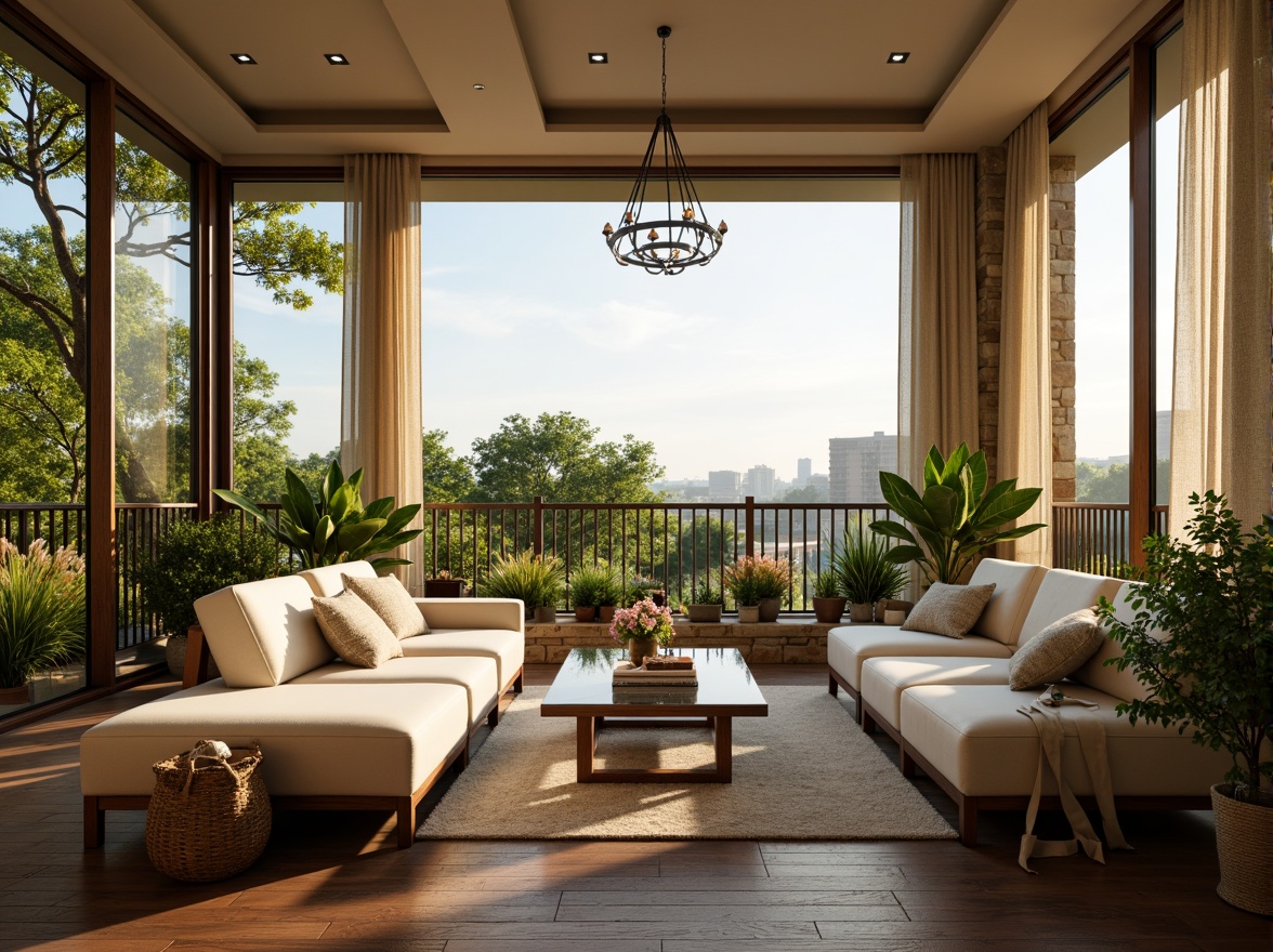 Prompt: Vibrant living room, floor-to-ceiling windows, sliding glass doors, natural stone walls, wooden flooring, lush greenery, potted plants, soft warm lighting, ambient shadows, cozy reading nooks, minimalist decor, cream-colored sofas, modern chandeliers, sheer curtains, panoramic views, urban skylines, morning sunlight, golden hour illumination, 1/1 composition, realistic textures, subtle color grading.