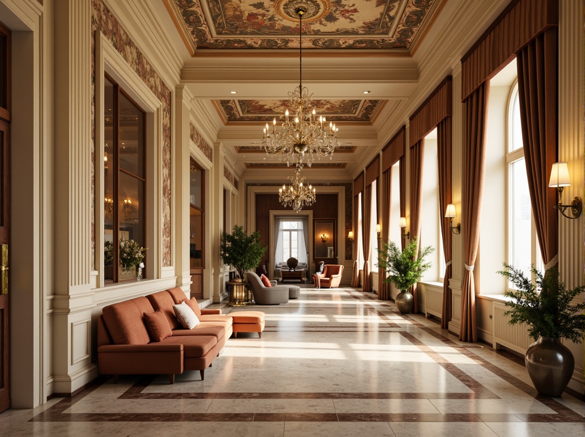 Prompt: Elegant neoclassical interior, ornate moldings, refined wood furnishings, cream marble columns, soft golden lighting, warm beige walls, rich walnut paneling, luxurious velvet fabrics, intricate fresco ceilings, ornamental chandeliers, subtle earthy tones, muted pastel hues, sophisticated neutral shades, subtle gradient effects, shallow depth of field, 1/1 composition, realistic textures, ambient occlusion.