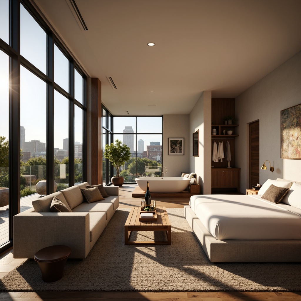 Prompt: Cozy living room, comfortable sofas, warm fireplace, large windows, natural light, urban residential building, modern minimalist design, open-plan layout, functional zones, private bedrooms, spacious closets, elegant master suite, luxurious bathroom, freestanding tub, separate shower area, soft warm lighting, 3/4 composition, intimate atmosphere, textured rugs, wooden flooring, cream-colored walls, decorative artwork, greenery views, balcony seating area, cityscape views, morning sunlight, gentle breeze.