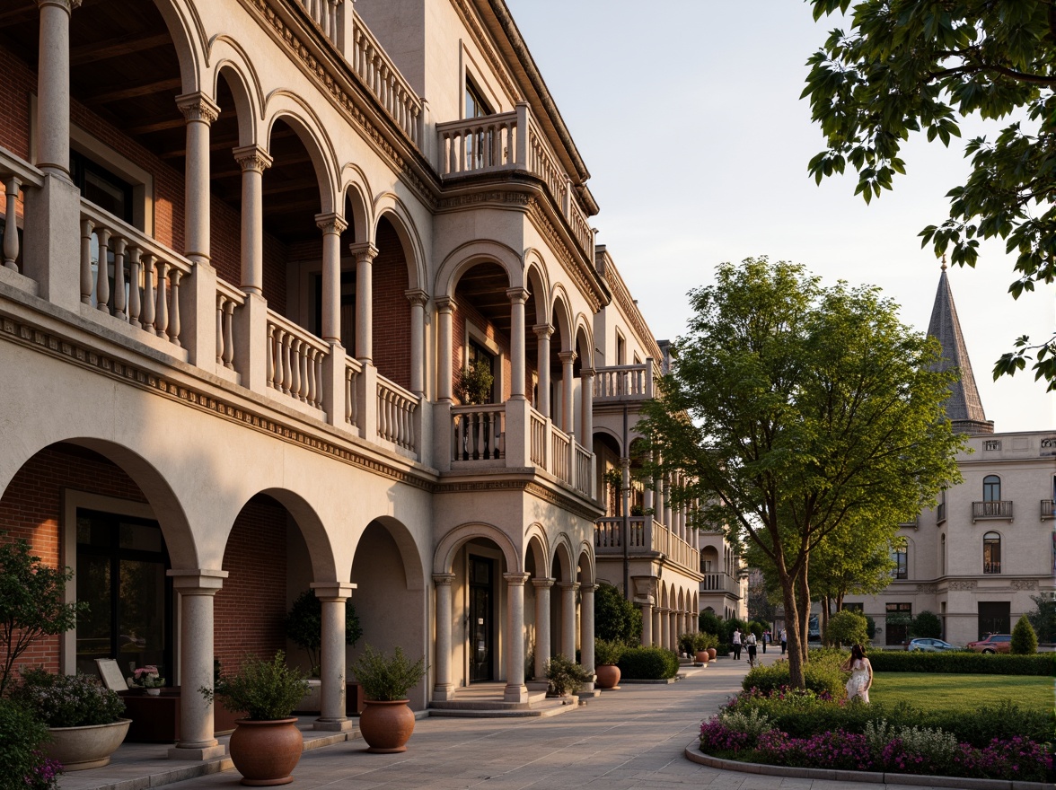 Prompt: Elegant Renaissance-style building, ornate stone balconies, intricately carved balusters, sweeping arches, grand loggias, lavish ornamental details, soft warm lighting, rustic brick fa\u00e7ade, terracotta pots, lush greenery, blooming flowers, scenic city views, 1/1 composition, shallow depth of field, realistic textures, ambient occlusion.