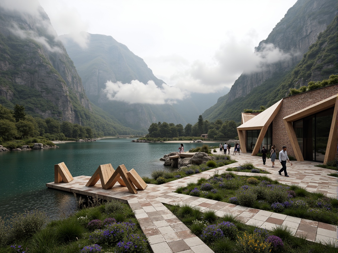 Prompt: Ethereal misty mountains, serene lakeside, rustic wooden bridges, meandering stone pathways, vibrant wildflowers, abstract sculptural forms, fragmented geometric shapes, bold color blocking, dynamic angular lines, futuristic cantilevered structures, reflective glass facades, minimalist environmental design, sustainable eco-friendly materials, innovative green roofs, solar-powered lighting systems, shaded outdoor spaces, misting water features, intricate mosaic patterns, textured concrete walls, atmospheric softbox lighting, 3/4 composition, panoramic view, realistic ambient occlusion.