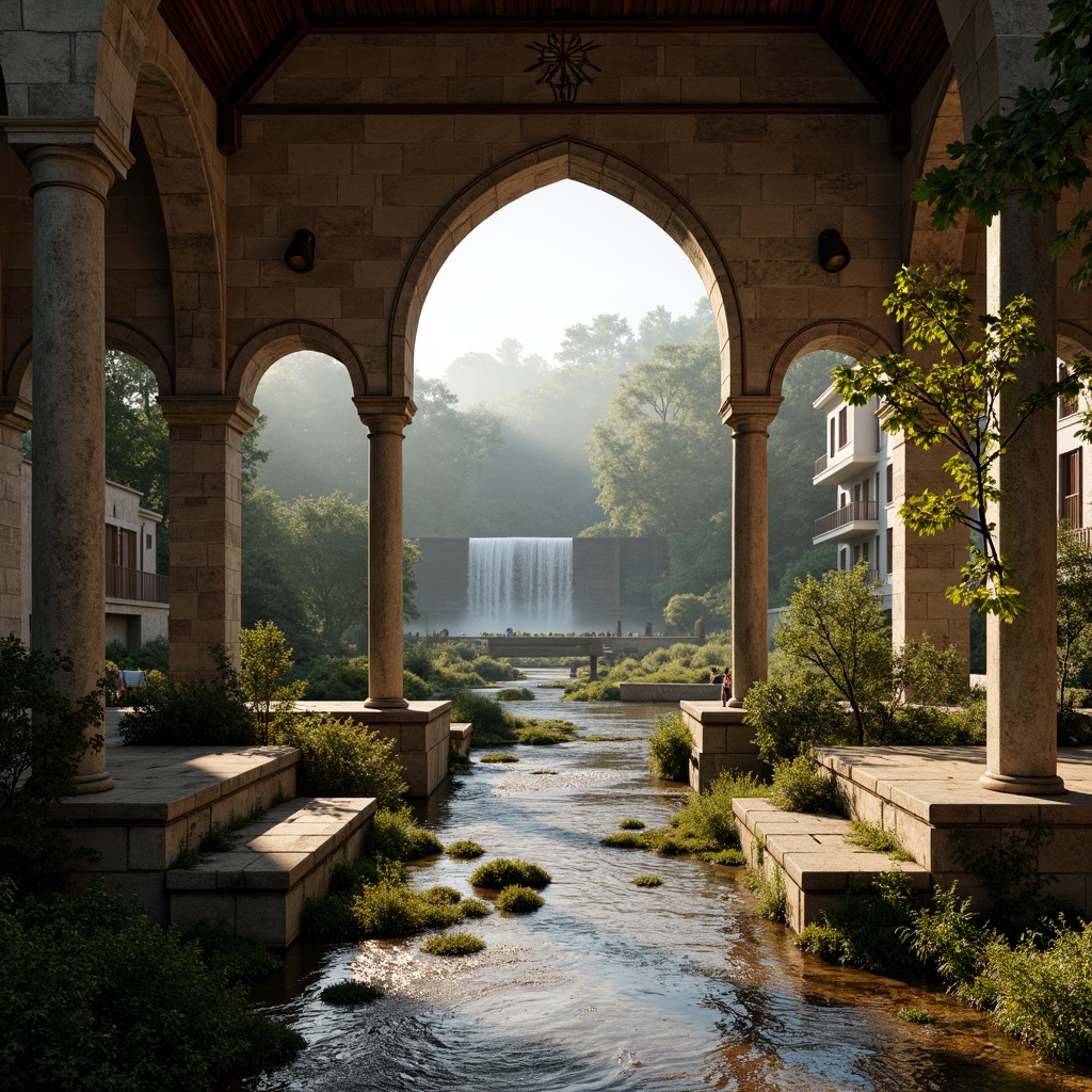 Prompt: Rustic stone arches, medieval-inspired architecture, sturdy piers, ornate carvings, weathered stonework, moss-covered surfaces, tranquil river settings, serene forest surroundings, gentle waterfall backdrops, misty morning atmosphere, warm golden lighting, shallow depth of field, 2/3 composition, symmetrical framing, realistic textures, ambient occlusion.