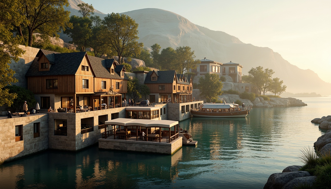 Prompt: Rustic boathouse, Romanesque architecture, earthy tones, warm beige stones, moss-covered roofs, wooden accents, nautical details, vintage boat decorations, soft blue waters, misty morning light, warm golden sunlight, 1/2 composition, atmospheric perspective, realistic wood textures, subtle water reflections.