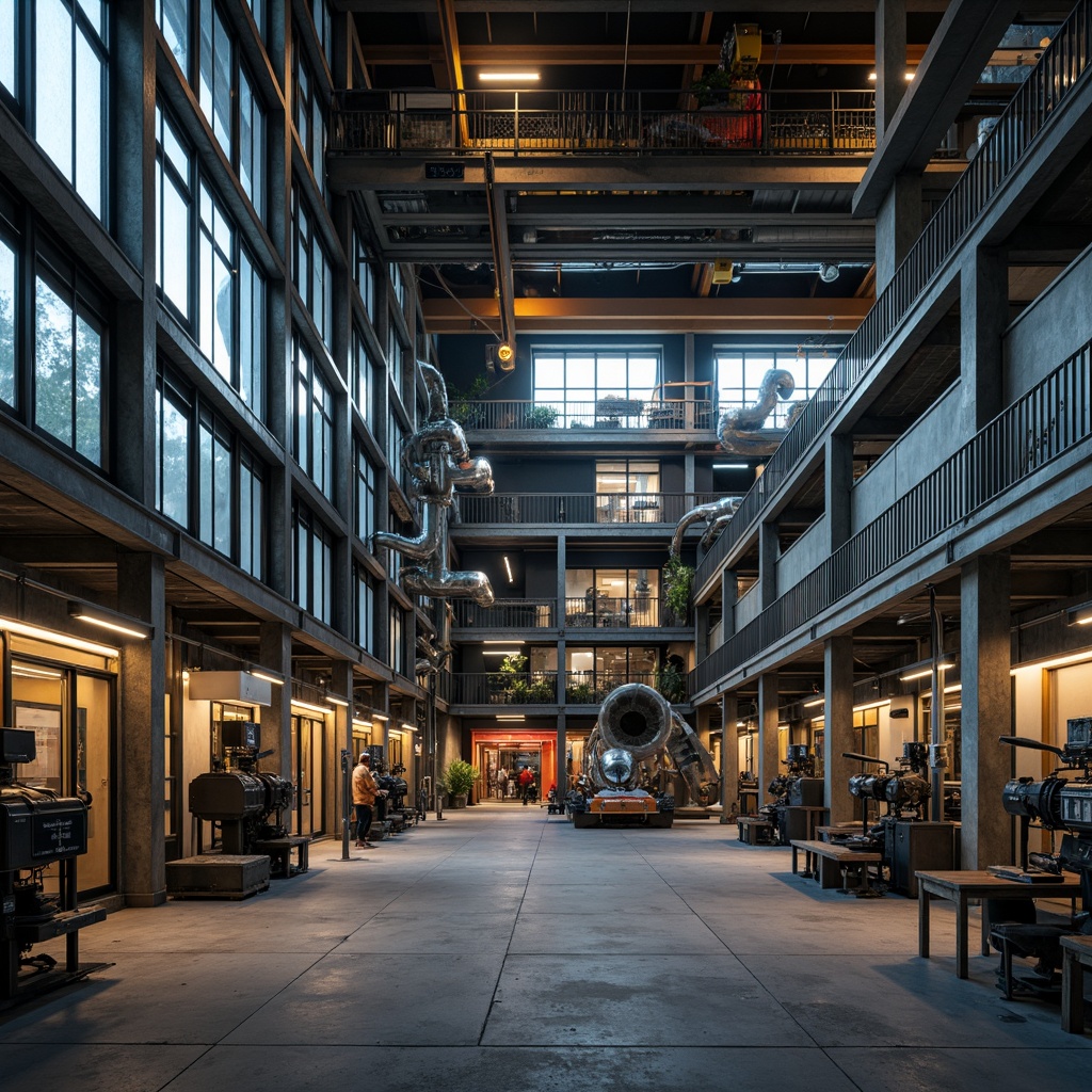 Prompt: Industrial energy plant, massive steel columns, exposed ductwork, concrete flooring, functional machinery, metallic latticework, elevated walkways, safety railings, neon signage, high ceilings, overhead crane systems, large windows, natural light, subtle warm lighting, 3/4 composition, shallow depth of field, realistic textures, ambient occlusion.