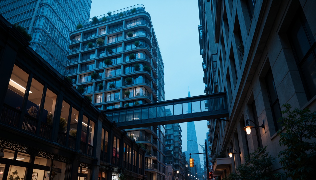 Prompt: Moody metropolitan cityscape, Prussian blue accents, Art Deco inspiration, ornate metalwork, grandiose skyscrapers, luxurious high-rise apartments, sleek modernist architecture, bold geometric patterns, rich velvet textiles, dramatic spot lighting, cinematic composition, low-angle shot, atmospheric fog, misty evening ambiance.