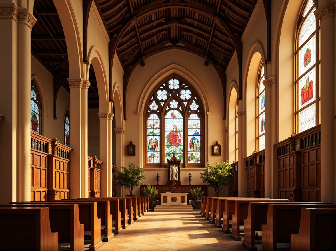 Prompt: Sacred church interior, warm golden lighting, rich wood accents, soft cream-colored pews, stained glass windows, vibrant blue and red hues, intricate stone carvings, ornate metal fixtures, elegant archways, serene atmosphere, subtle texture overlays, realistic material reflections, 1/2 composition, atmospheric perspective, warm color harmony, inviting ambiance.