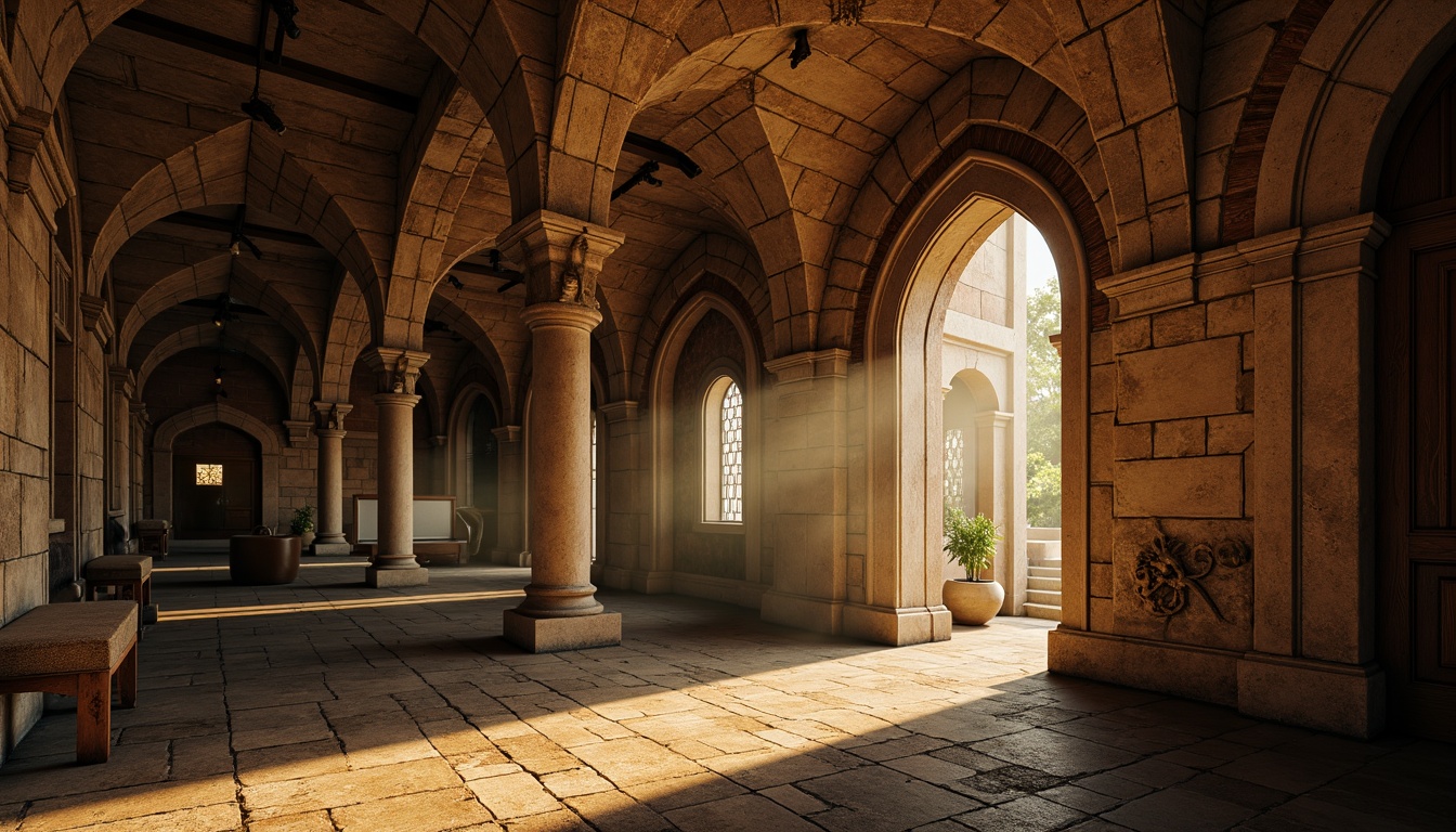 Prompt: Ancient stone arches, rustic Romanesque architecture, weathered brick facades, ornate carvings, grand entranceways, vaulted ceilings, stained glass windows, intricate column capitals, mystical ambiance, warm golden lighting, dramatic shadows, atmospheric mist, 1/1 composition, symmetrical framing, rich textures, subtle color grading.