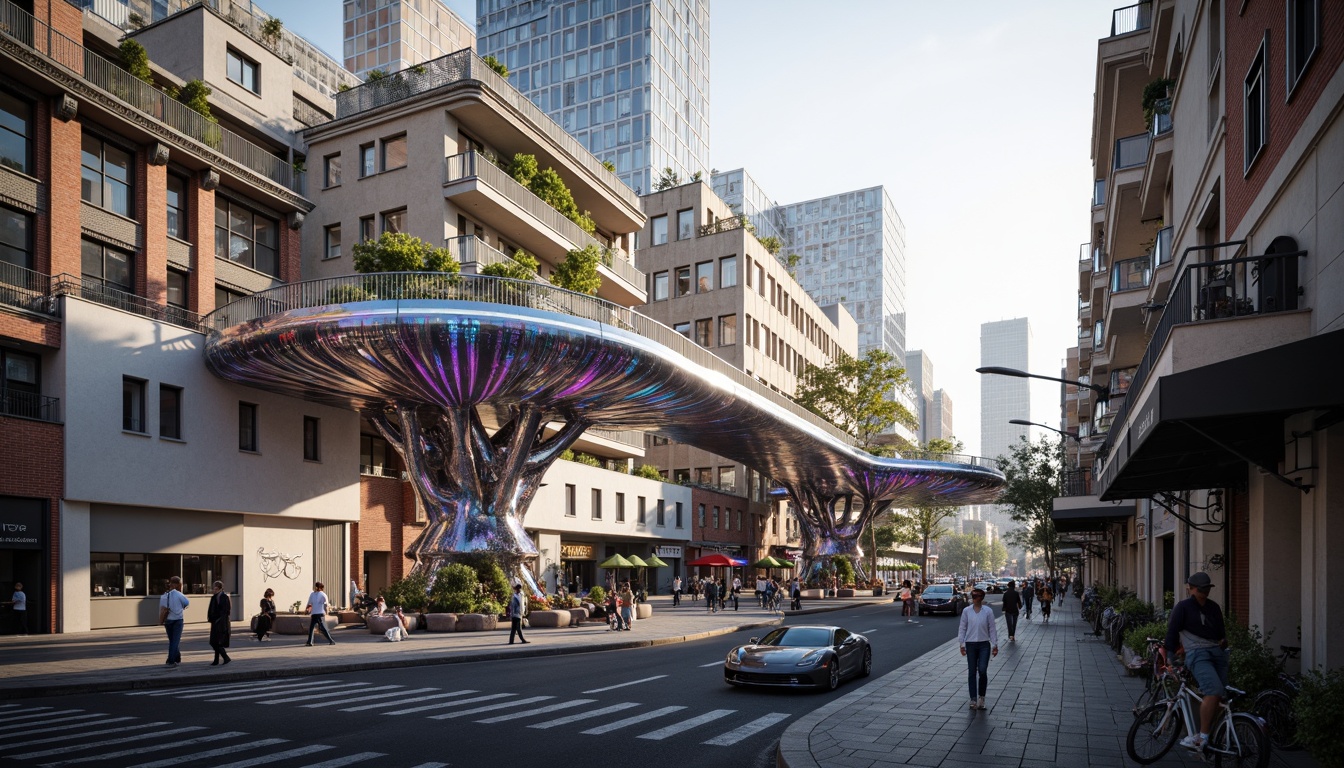 Prompt: Curved pedestrian bridge, metabolic-inspired structural elements, organic shapes, twisting cables, futuristic railings, iridescent colors, shimmering materials, bioluminescent accents, misty atmosphere, soft warm lighting, shallow depth of field, 3/4 composition, panoramic view, realistic textures, ambient occlusion, urban landscape, city skyline, bustling streets, morning commute, vibrant street art, eclectic urban furniture.