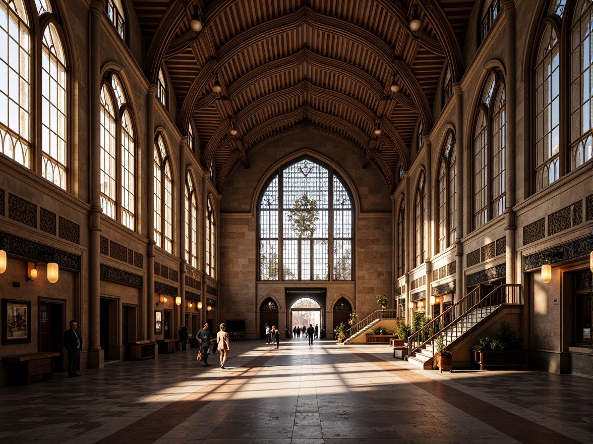 Prompt: Grandiose train station, vaulted ceilings, ribbed arches, stained glass windows, intricate stone carvings, pointed towers, flying buttresses, ornate metalwork, grand staircases, majestic entrance halls, lavish chandeliers, warm golden lighting, dramatic shadows, 1/2 composition, symmetrical framing, high-contrast imagery, realistic textures, ambient occlusion.