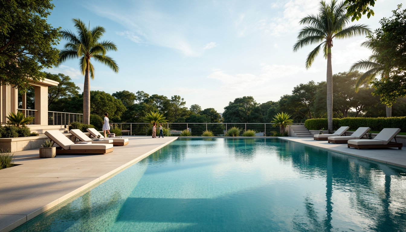 Prompt: Streamlined modern pool, infinity edge, turquoise water, sleek concrete deck, minimalist lounge chairs, stainless steel railings, glass tile accents, subtle LED lighting, warm beige stonework, lush greenery surroundings, palm tree silhouettes, sunny afternoon, soft natural light, shallow depth of field, 1/2 composition, realistic water reflections, ambient occlusion.