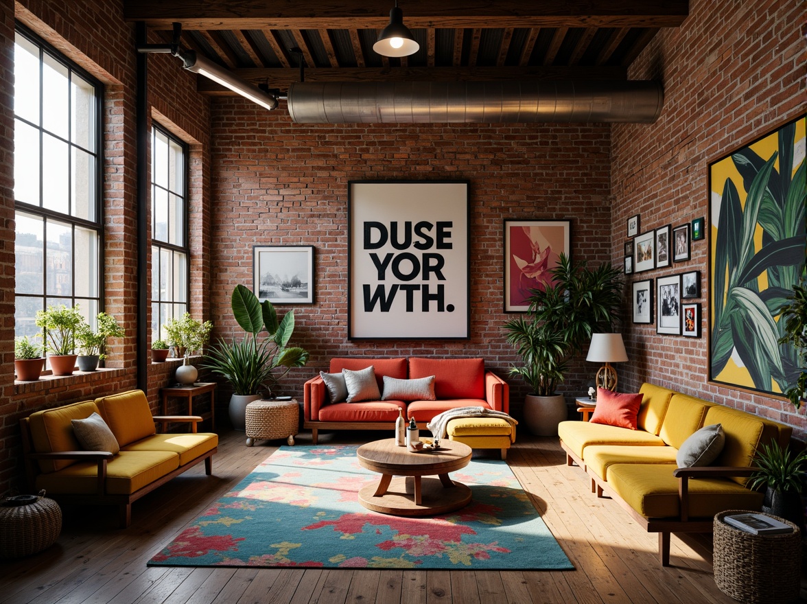 Prompt: Vibrant art studio, eclectic furniture, abstract artwork, bold typography, rich wood accents, industrial metal beams, exposed brick walls, natural light pouring in, warm cozy atmosphere, softbox lighting, 1/2 composition, shallow depth of field, artistic textures, moody shadows.