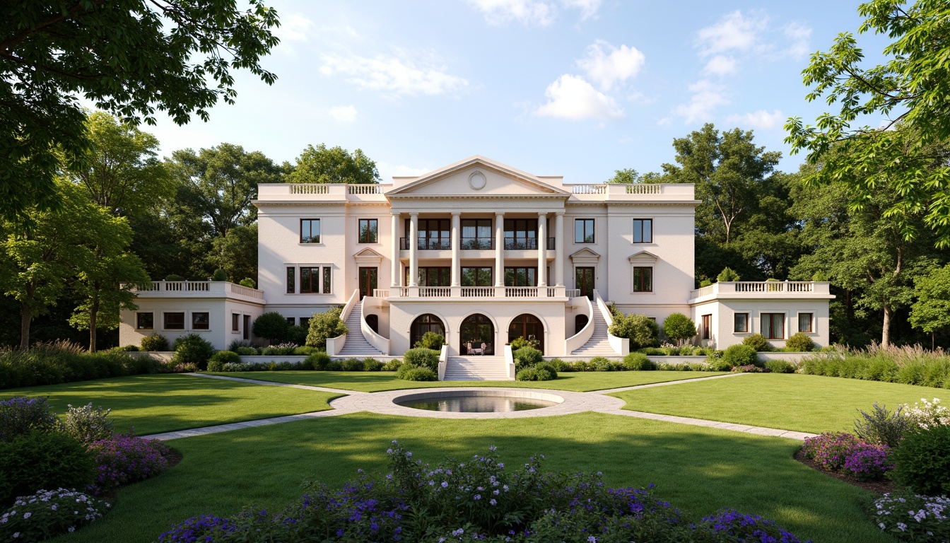 Prompt: Grand neoclassical mansion, symmetrical facade, ornate details, ionic columns, grand entrance, sweeping staircase, manicured lawn, vibrant flower beds, serene pond, walking paths, lush greenery, majestic trees, warm sunny day, soft diffused lighting, shallow depth of field, 1/2 composition, panoramic view, realistic textures, ambient occlusion.