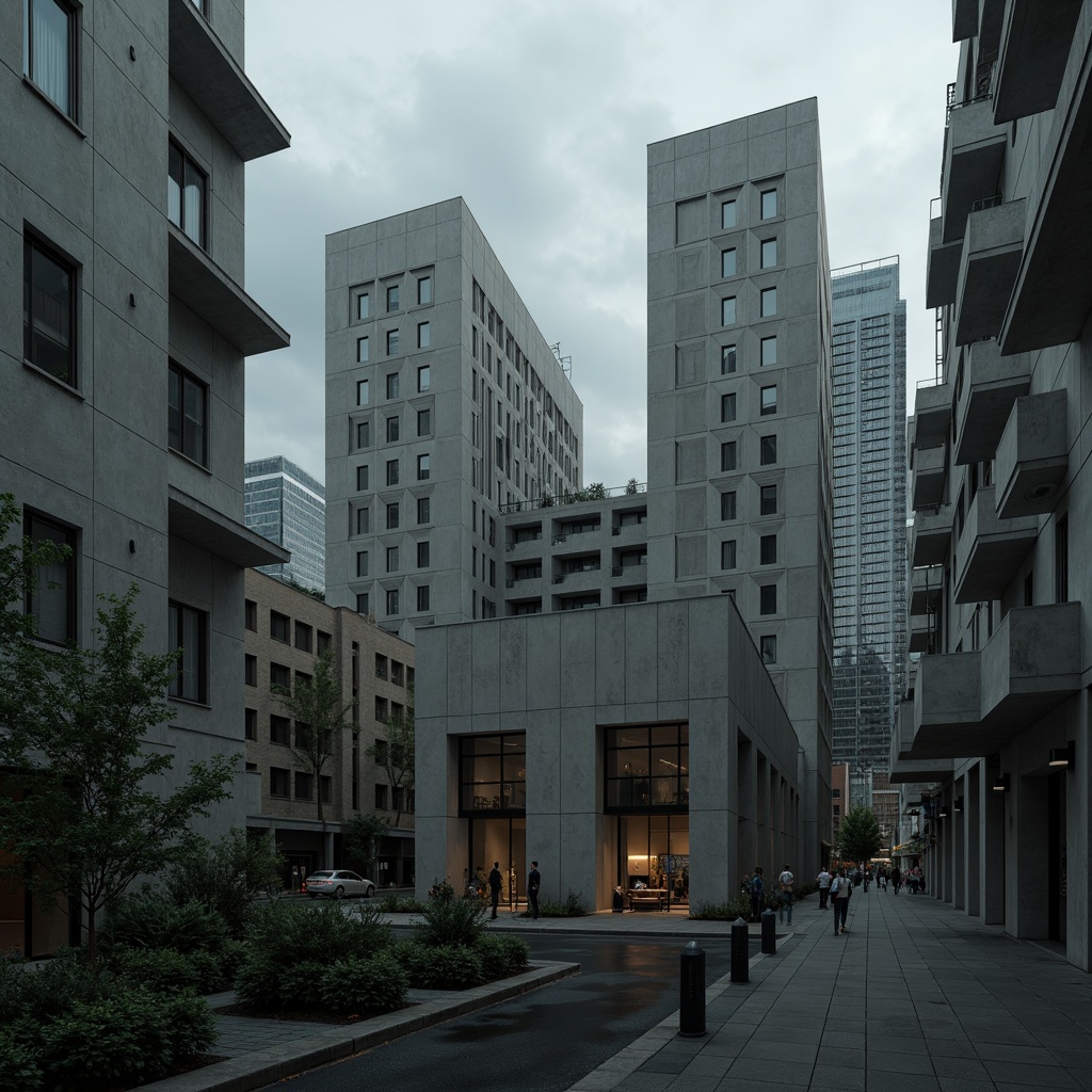 Prompt: Raw concrete facades, fortress-like structures, bold geometric shapes, rugged textures, brutalist architecture, urban office buildings, high-rise skyscrapers, metropolitan cityscape, gloomy overcast skies, dramatic shadows, intense contrast lighting, 1-point perspective composition, cinematic framing, gritty realistic rendering, ambient occlusion, atmospheric misting.