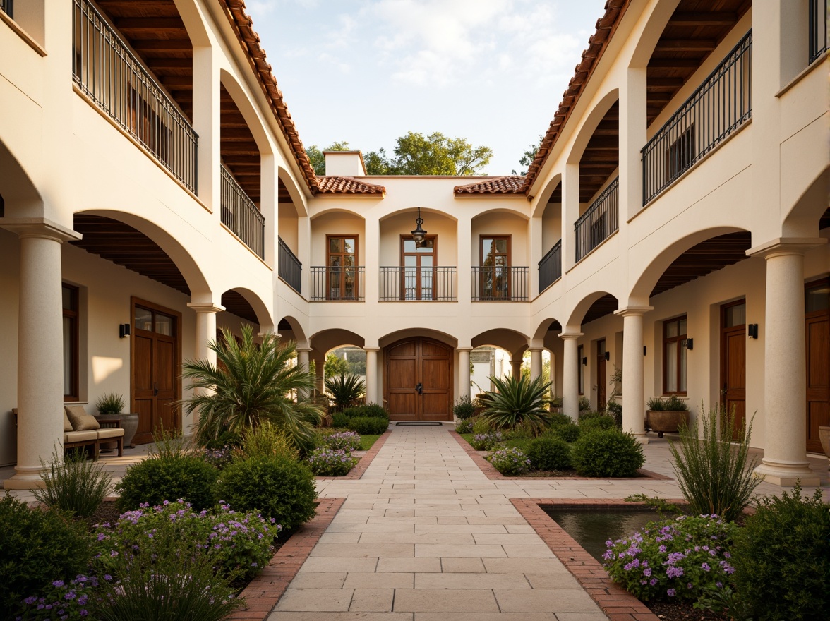 Prompt: Warm beige facades, soft cream-colored walls, earthy red terracotta roofs, elegant white columns, ornate black iron railings, vibrant green courtyards, lush flower planters, rustic wooden doors, classic bronze hardware, natural stone pathways, warm golden lighting, shallow depth of field, 1/1 composition, realistic textures, ambient occlusion.