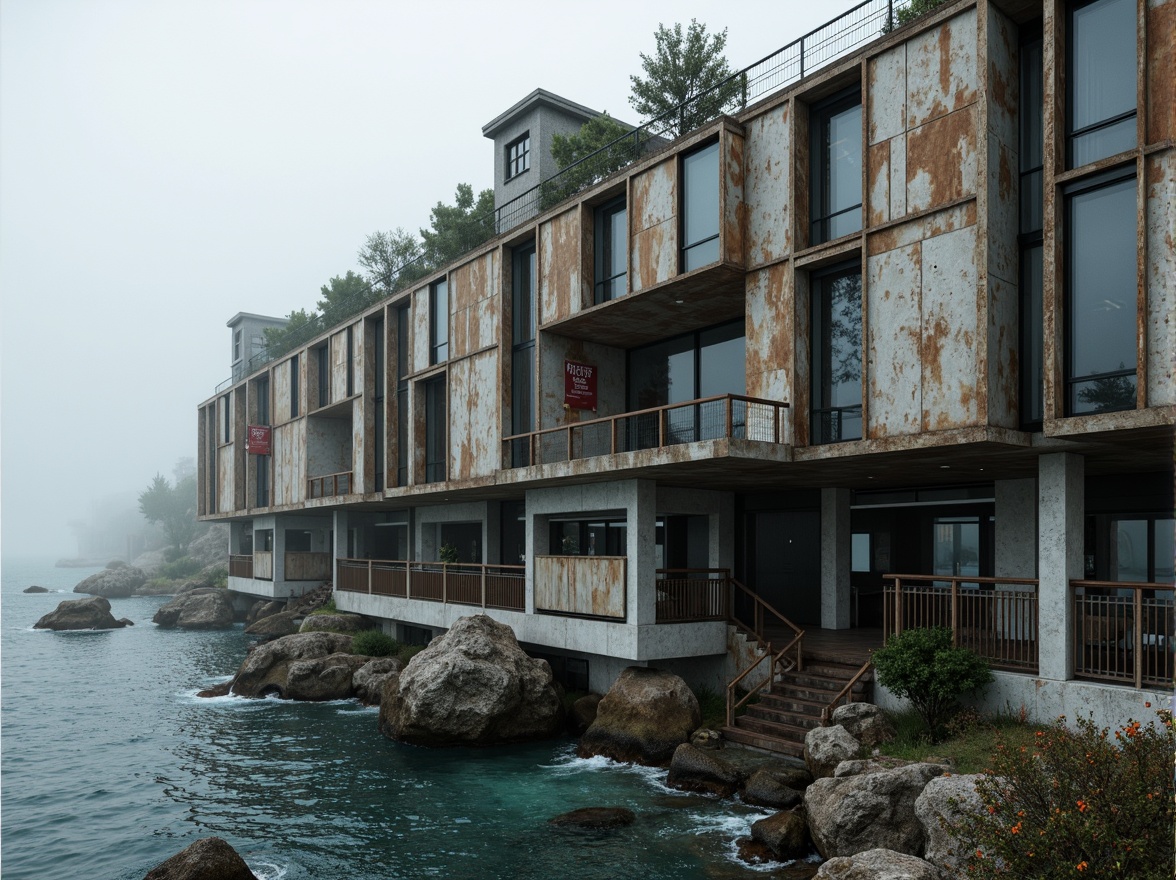 Prompt: Rugged coastal landscape, weathered concrete facade, rusting metal cladding, industrial pipes, distressed wooden accents, functional brutalist architecture, massive stone walls, reinforced glass windows, cantilevered floors, exposed ductwork, mechanical equipment, nautical-themed signage, misty ocean air, soft diffused lighting, high contrast shadows, dramatic atmospheric perspective, 2/3 composition, cinematic framing, gritty realistic textures.