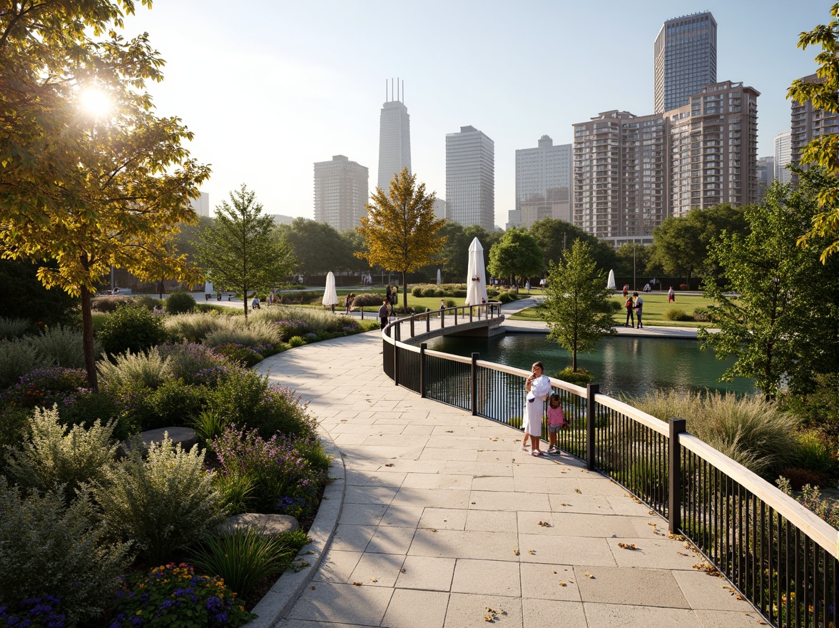 Prompt: Curved pedestrian bridge, lush greenery, vibrant flowers, natural stone pathways, wooden handrails, steel cables, modern architecture, urban landscape integration, city skyline views, sunny day, soft warm lighting, shallow depth of field, 3/4 composition, panoramic view, realistic textures, ambient occlusion, gentle water features, public art installations, seating areas, accessible ramps, innovative lighting systems, dynamic shadows, bustling urban atmosphere.