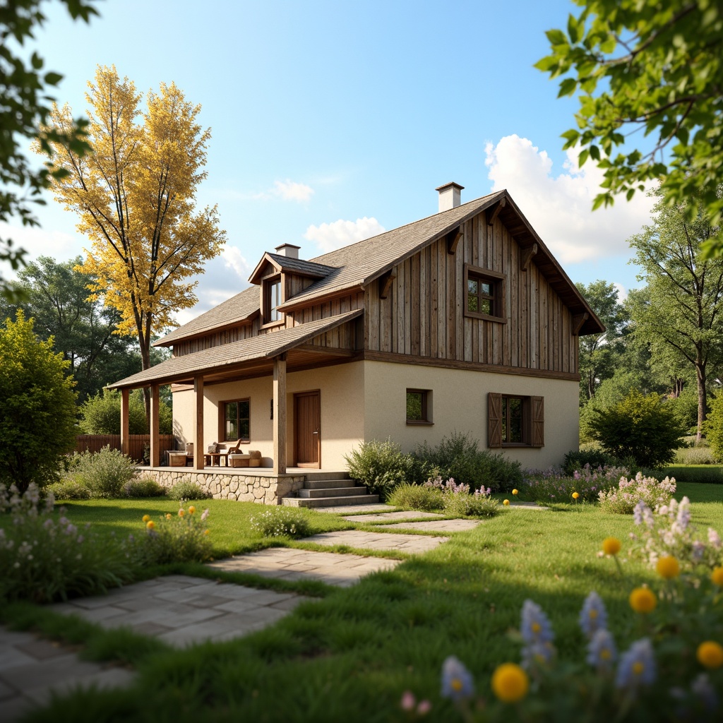 Prompt: Rustic rural cottage, earthy tones, warm beige walls, weathered wood accents, natural stone foundations, lush green surroundings, wildflower fields, blue skies, soft warm lighting, shallow depth of field, 3/4 composition, panoramic view, realistic textures, ambient occlusion.