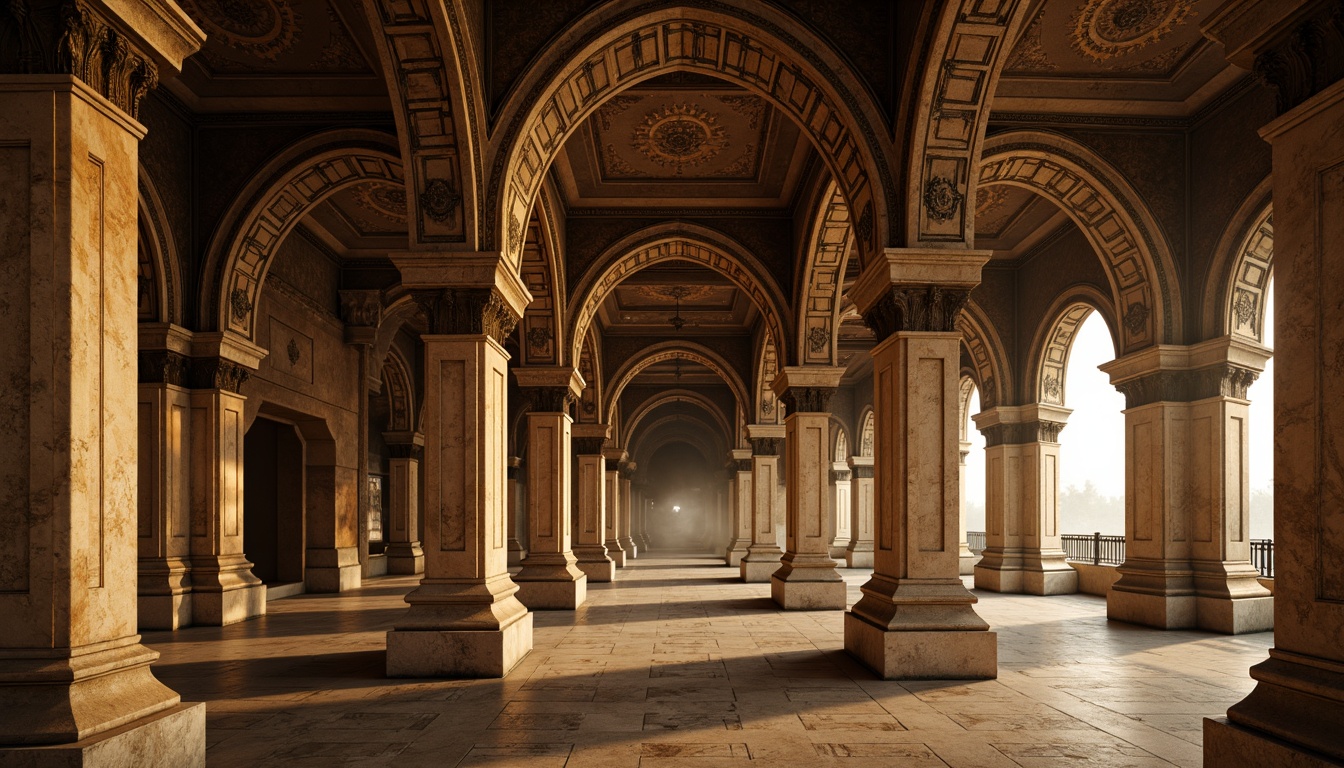 Prompt: Ancient Roman-inspired architecture, ornate columns, intricately carved capitals, rustic stone textures, weathered bronze details, grand archways, vaulted ceilings, intricate mosaic patterns, warm golden lighting, dramatic shadows, high contrast ratio, cinematic composition, 1/2 camera angle, symmetrical framing, richly ornamented facades, imposing stone structures, mysterious ambiance, eerie fog effects.