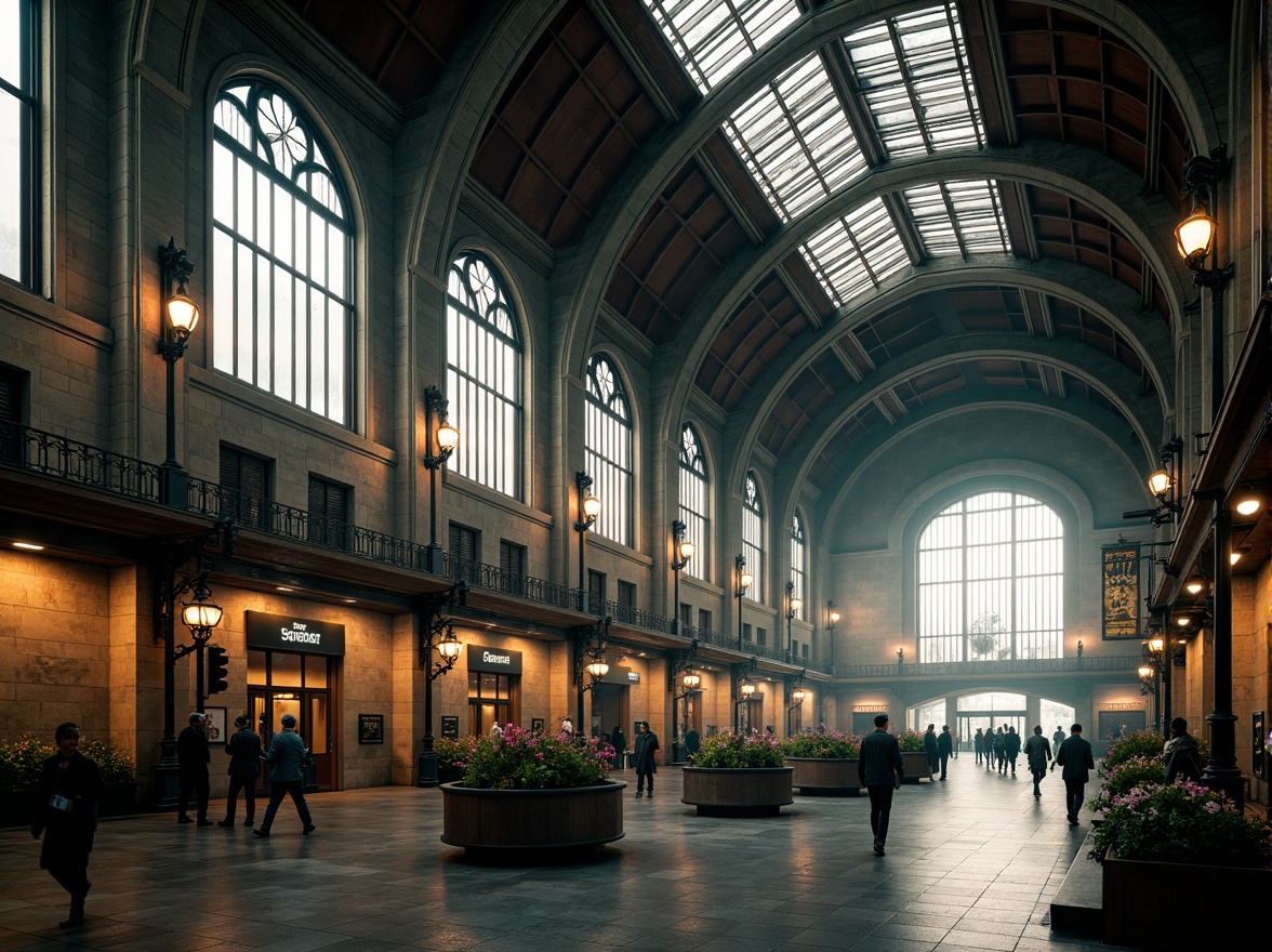 Prompt: Ornate Gothic Revival train station, ribbed vaulted ceilings, pointed arches, flying buttresses, grandiose entrance halls, intricate stone carvings, stained glass windows, ornamental ironwork, majestic clock towers, imposing stone fa\u00e7ades, dramatic lighting effects, misty atmospheric conditions, shallow depth of field, 1/2 composition, cinematic view, highly detailed textures, ambient occlusion.